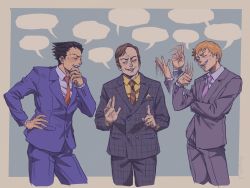 Rule 34 | 3boys, ace attorney, afterimage, angie m, better call saul, black hair, blank speech bubble, blue suit, breaking bad, brown hair, closed eyes, cropped legs, diagonal-striped clothes, diagonal-striped necktie, formal, highres, mob psycho 100, multiple boys, necktie, orange hair, phoenix wright, purple necktie, red necktie, reigen arataka, saul goodman, speech bubble, striped clothes, suit, trait connection, waving
