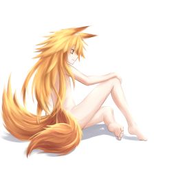 Rule 34 | 1girl, animal ears, barefoot, blonde hair, expressionless, fox ears, fox tail, from side, full body, hand on own knee, highres, long hair, multiple tails, nude, orange eyes, original, profile, senbon, sitting, solo, tail, transparent background, two tails