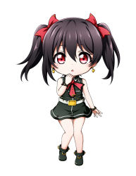 Rule 34 | 1girl, :o, bare shoulders, belt, belt buckle, bibi (love live!), black dress, black footwear, black hair, blush, boots, bow, bracelet, buckle, chibi, collared dress, diamond princess no yuuutsu, dress, earrings, full body, hair between eyes, hair bow, hand up, heart, heart earrings, highres, jewelry, kuena, long hair, looking at viewer, love live!, love live! school idol festival, love live! school idol project, parted lips, red bow, red eyes, sidelocks, simple background, solo, twintails, white background, white belt, yazawa nico
