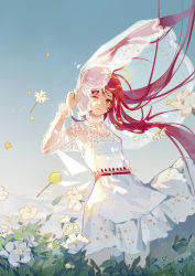 Rule 34 | 1girl, alternate hair length, alternate hairstyle, arknights, blue sky, bridal veil, chinese commentary, closed mouth, commentary request, dandelion, day, dress, exusiai (arknights), feet out of frame, floating hair, flower, halo, hand up, highres, leaf, light smile, long hair, long sleeves, looking at viewer, one eye closed, orange eyes, outdoors, print dress, red hair, salute, see-through, see-through sleeves, sky, solo, star (symbol), star print, two-finger salute, veil, white dress, white flower, xianjiu