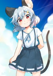 Rule 34 | 1girl, alternate costume, animal ears, arm behind back, blouse, blue sky, closed mouth, clothes pull, cloud, commentary request, contrail, cowboy shot, frilled skirt, frilled sleeves, frills, grey hair, grey skirt, hair between eyes, hair ornament, hairpin, highres, looking at viewer, mouse ears, mouse girl, mouse tail, nazrin, red eyes, shirt, short hair, signature, skirt, skirt pull, sky, smile, solo, suspender skirt, suspenders, tail, take no ko (4919400), thick eyebrows, touhou, white shirt