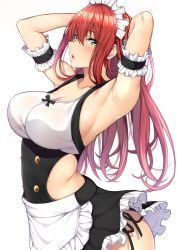 Rule 34 | 1girl, apron, arched back, arm garter, armpits, arms up, bare shoulders, black dress, black panties, breasts, cleavage, clothing cutout, collarbone, cowboy shot, dress, green eyes, highres, large breasts, long hair, looking at viewer, maid, maid apron, maid headdress, original, panties, panty peek, red hair, side-tie panties, side cutout, simple background, sleeveless, sleeveless dress, solo, takoneru, underwear, waist apron, white background