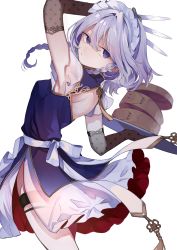 Rule 34 | 1girl, :/, absurdres, adapted costume, apron, arm above head, armpit peek, between fingers, blue dress, blue eyes, braid, breasts, commentary request, dress, elbow gloves, feet out of frame, gloves, gold trim, hair between eyes, highres, holding, holding knife, holding tray, izayoi sakuya, knife, legband, looking at viewer, looking back, maid headdress, parted lips, petticoat, polka dot, risui (suzu rks), see-through, short hair, side braids, silver hair, simple background, small breasts, solo, throwing knife, touhou, tray, twin braids, weapon, white apron, white background, white headwear