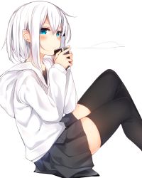 Rule 34 | 1girl, black skirt, black thighhighs, blue eyes, blush, cup, highres, holding, holding cup, hood, hoodie, looking to the side, miniskirt, original, otokuyou, ringo-chan (otokuyou), short hair, sitting, skirt, solo, thighhighs, two-handed, white hair, zettai ryouiki