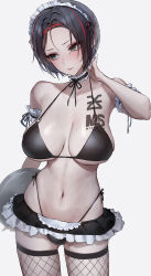 Rule 34 | 1girl, absurdres, apron, averting eyes, bare shoulders, bikini, black bikini, black hair, black ribbon, black skirt, black thighhighs, blush, breast tattoo, breasts, chest tattoo, closed mouth, commentary, cowboy shot, crow (nikke), fishnet thighhighs, fishnets, forehead, foreshortening, gluteal fold, goddess of victory: nikke, green eyes, grey background, groin, hand up, highleg, highleg bikini, highres, holding, holding tray, large breasts, looking to the side, microskirt, monegi, multicolored hair, navel, neck ribbon, o-ring, o-ring bikini, o-ring top, ribbon, romaji commentary, short hair, simple background, skindentation, skirt, solo, streaked hair, string bikini, swimsuit, tattoo, thighhighs, thighs, tray, underboob, white apron