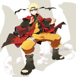 Rule 34 | 1boy, amphibian eyes, bandages, blonde hair, cape, dust, fighting stance, forehead protector, green eyes, grin, headband, horizontal pupils, konohagakure symbol, male focus, naruto (series), naruto shippuuden, rassie s, sandals, scroll, sennin mode, shoes, short hair, smile, solo, spiked hair, stance, toes, turtleneck, uzumaki naruto, uzumaki naruto (sennin mode), yellow eyes