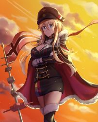 Rule 34 | 1girl, azur lane, bismarck (azur lane), black coat, black hat, black skirt, blonde hair, blue eyes, boots, breast hold, breasts, cape, cleavage, cloud, cloudy sky, coat, cowboy shot, crossed arms, dusk, expressionless, flag, fur-trimmed boots, fur trim, german flag, gloves, hair between eyes, hat, highres, holiday (pangjelly), long hair, long sleeves, looking at viewer, medium breasts, military, military hat, military uniform, miniskirt, outdoors, skirt, sky, solo, standing, straight hair, thigh boots, thighhighs, thighs, uniform, white gloves, zettai ryouiki