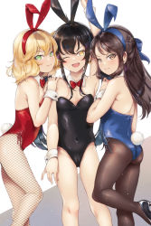 Rule 34 | 3girls, ;d, animal ears, arm up, bare shoulders, black hair, black leotard, black pantyhose, blonde hair, blue leotard, blush, bow, bowtie, colored eyelashes, covered navel, detached collar, fake animal ears, fishnet pantyhose, fishnets, flat chest, frown, hand on another&#039;s shoulder, highres, idolmaster, idolmaster cinderella girls, leotard, looking at viewer, looking back, looking to the side, maremay0513, matoba risa, multiple girls, one eye closed, open mouth, pantyhose, playboy bunny, rabbit ears, rabbit tail, red bow, red bowtie, red leotard, sakurai momoka, simple background, smile, standing, standing on one leg, tachibana arisu, tail, wrist cuffs