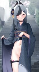 Rule 34 | 1girl, absurdres, black hair, black horns, black kimono, blue archive, blush, closed mouth, clothes lift, condom, condom wrapper, cowboy shot, day, demon horns, fingernails, grey hair, grey halo, groin, halo, highres, horns, japanese clothes, kayoko (blue archive), kayoko (new year) (blue archive), kimono, kimono lift, lifted by self, long hair, long sleeves, navel, obi, official alternate costume, official alternate hairstyle, outdoors, red eyes, sash, smile, solo, stairs, thigh strap, wide sleeves, z.taiga
