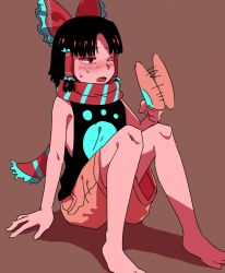 Rule 34 | 1girl, alternate costume, barefoot, benikurage (cookie), black hair, black shirt, blue scarf, blush, bow, brown background, brown eyes, brown shorts, commentary request, cookie (touhou), fanning self, frilled bow, frilled hair tubes, frills, full body, hair bow, hair tubes, hakurei reimu, hand fan, highres, hot, medium bangs, one eye closed, open mouth, parted bangs, red bow, red scarf, rikadai, scarf, shirt, shorts, simple background, sitting, sleeveless, sleeveless shirt, solo, striped clothes, striped scarf, touhou