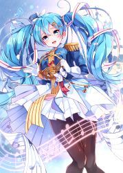 Rule 34 | 1girl, :d, absurdres, band uniform, beamed eighth notes, blue eyes, blue hair, blue hat, blue jacket, blush, bow, breasts, brown pantyhose, commentary request, eighth note, epaulettes, french horn, glint, gloves, goroo (eneosu), hair ornament, hairclip, hat, hatsune miku, highres, holding, holding instrument, instrument, jacket, long hair, long sleeves, medium breasts, mini hat, mini shako cap, musical note, musical note print, open mouth, pantyhose, pink jacket, pleated skirt, round teeth, shako cap, skirt, smile, snowflake print, solo, teeth, twintails, upper teeth only, very long hair, vocaloid, white bow, white gloves, white skirt, x hair ornament, yuki miku, yuki miku (2020)