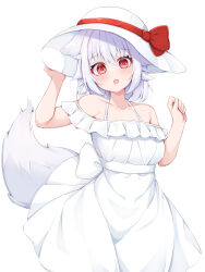 Rule 34 | 1girl, animal ears, back bow, blush, bow, breasts, commentary request, cowboy shot, dress, fang, frilled dress, frills, hair between eyes, hand on headwear, hat, hat bow, inubashiri momiji, large breasts, looking at viewer, medium bangs, open mouth, red bow, red eyes, rururiaru, sash, short hair, simple background, skin fang, solo, sun hat, tail, touhou, waist bow, white background, white bow, white dress, white hair, white hat, white sash, wolf ears, wolf girl, wolf tail