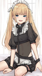 Rule 34 | 1girl, akipeko, window blinds, blonde hair, blue eyes, blush, bracelet, breasts, collar, covered navel, ear piercing, fangs, highres, jewelry, leash, long hair, looking at viewer, maid headdress, navel, on bed, open mouth, original, piercing, puffy sleeves, see-through, sidelocks, sitting, small breasts, smile, solo, spiked bracelet, spiked collar, spikes, thigh strap, twintails, window