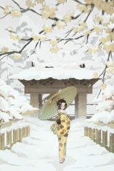 Rule 34 | 1girl, alternate universe, black hair, branch, butterfly hair ornament, colored tips, commentary request, fence, floating hair, from behind, fur trim, gate, geta, grey sky, hair ornament, highres, holding, holding umbrella, japanese clothes, kimetsu no yaiba, kimono, kochou shinobu, leaf, leaf print, long sleeves, looking at viewer, looking back, maple leaf, motion blur, multicolored hair, obi, oil-paper umbrella, outdoors, parted bangs, purple eyes, road, sash, sidelocks, sky, smile, snow, snowing, solo, standing, streaked hair, su an, tabi, umbrella, updo, white legwear, wide sleeves, winter, yellow kimono, yellow theme