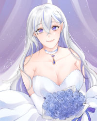 Rule 34 | 1girl, absurdres, bouquet, breasts, choker, cleavage, closed mouth, curtains, dress, eyelashes, flower, grey hair, heart, heart-shaped pupils, highres, holding, holding bouquet, jewelry, large breasts, light purple hair, lips, long hair, looking at viewer, multicolored hair, purple eyes, purple flower, purple rose, rose, self-portrait, shino laila, shino laila (artist), signature, skirt, smile, solo, symbol-shaped pupils, very long hair, virtual youtuber, wactor production, wedding dress, white dress