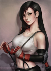 Rule 34 | 1990s (style), 1girl, bare shoulders, black hair, blush, breasts, brown eyes, buckle, cleavage, closed mouth, collarbone, crop top, dated, earrings, elbow gloves, elbow pads, final fantasy, final fantasy vii, fingerless gloves, gloves, highres, jewelry, lips, long hair, looking at viewer, low-tied long hair, low ponytail, md5 mismatch, medium breasts, midriff, navel, pink lips, pulled by self, realistic, red gloves, retro artstyle, revision, sciamano240, signature, sleeveless, smile, solo, stomach, straight hair, suspenders, suspenders pull, tank top, tifa lockhart, upper body, very long hair, watermark, web address