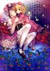 Rule 34 | 00s, 2girls, ankle lace-up, anthiea, bad id, bad pixiv id, blonde hair, bloomers, bow, brown hair, bug, butterfly, corset, cross-laced footwear, curly hair, drill hair, closed eyes, flower, food, fruit, gothic lolita, green eyes, grin, hair bow, highres, hinaichigo, hug, bug, jewelry, kashiwaba tomoe, lolita fashion, mary janes, multiple girls, pink bow, plant, red flower, red rose, ring, rose, rozen maiden, shoes, short hair, smile, strawberry, thighhighs, underwear, veil, vines, white legwear
