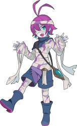 Rule 34 | 1boy, antenna hair, artist request, bandage on face, bandaged arm, bandaged hand, bandaged head, bandaged leg, bandages, blood, bloody bandages, blue capelet, blue eyes, blue footwear, blue gemstone, blue shorts, blue skin, boots, capelet, child, colored blood, colored skin, covered navel, crystal, earrings, fang, full body, gem, hands up, happy, highres, jewelry, leg up, looking at viewer, male focus, multicolored clothes, multicolored shorts, non-web source, official art, open mouth, purple blood, purple hair, short hair, shorts, sidelocks, simple background, smile, solo, standing, standing on one leg, stitches, talha (world flipper), topless male, transparent background, world flipper, zombie