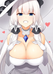 Rule 34 | 1girl, azur lane, bare shoulders, blunt bangs, blush, breasts, cleavage, collarbone, detached collar, dress, elbow gloves, flower, gem, gloves, hair flower, hair ornament, hands on own chest, hat, heart, highres, illustrious (azur lane), inuikentarou (mfwt5357), large breasts, long hair, looking at viewer, low twintails, simple background, skindentation, smile, solo, strapless, strapless dress, sun hat, twintails, white dress, white gloves, white hair, white hat