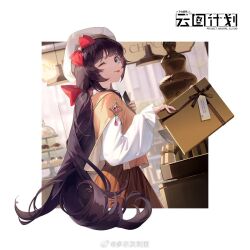 Rule 34 | 1girl, ;p, beret, blue eyes, border, bow, box, box of chocolates, brown hair, brown skirt, chocolate fountain, copyright name, dlgeria, from side, gift, gift box, girls&#039; frontline, girls&#039; frontline neural cloud, hair bow, hanging light, hat, hat bow, highres, holding, holding gift, indoors, ksenia (neural cloud), logo, long hair, long sleeves, looking at viewer, low ponytail, official art, one eye closed, outside border, red bow, shirt, skirt, solo, stechkin (girls&#039; frontline), tiered tray, tongue, tongue out, upper body, valentine, very long hair, weibo logo, weibo username, white border, white headwear, white shirt