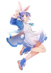 Rule 34 | 1girl, :q, absurdres, animal ears, blue footwear, blue hair, blue jacket, blue neckerchief, commentary request, dress, from side, full body, highres, hololive, jacket, jumping, long sleeves, looking at viewer, neckerchief, open clothes, open jacket, rabbit ears, rabbit girl, rabbit tail, red eyes, shoes, short eyebrows, short hair, sideways glance, solo, sushida hayari, tail, thick eyebrows, tongue, tongue out, transparent background, twitter username, usada pekora, usada pekora (casual), virtual youtuber, white dress