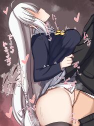Rule 34 | 1boy, 1girl, absurdres, ahoge, ayachi nene, black jacket, black thighhighs, blush, bow, breast press, breasts, brown background, clothed sex, clothes lift, commentary request, cowboy shot, female orgasm, from side, grey hair, grey sailor collar, hair between eyes, hair ribbon, heart, heavy breathing, hetero, highres, jacket, large breasts, long hair, long sleeves, makochan42, motion lines, no eyes, no panties, open mouth, orgasm, paid reward available, pink ribbon, profile, ribbon, sailor collar, sanoba witch, school uniform, serafuku, sex, simple background, skirt, skirt lift, solo focus, speech bubble, standing missionary, straight hair, sweat, thighhighs, translation request, twitching, very long hair, yellow bow
