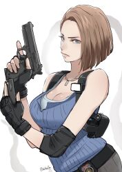 1girl blue_eyes breasts brown_hair butcha-u highres jill_valentine large_breasts resident_evil short_hair solo weapon