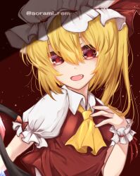 Rule 34 | 1girl, ascot, blonde hair, crystal wings, fang, flandre scarlet, highres, open mouth, puffy short sleeves, puffy sleeves, red background, red eyes, red ribbon, ribbon, short sleeves, simple background, solo, sorami rem, touhou, upper body, white mob cap, wrist cuffs, yellow ascot