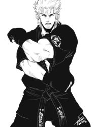 Rule 34 | 1boy, alternate costume, bara, belt, biceps, black belt, clenched hands, cowboy shot, dougi, falcoon, fighting stance, fingerless gloves, gloves, greyscale, kanji, karate gi, looking at viewer, martial arts belt, mature male, monochrome, mr. karate, muscular, muscular male, official art, open mouth, patterned clothing, pectoral cleavage, pectorals, ryou sakazaki, ryuuko no ken, serious, short hair, signature, snk, solo, spiked hair, the king of fighters, thick arms, thick eyebrows