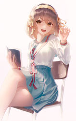 Rule 34 | 1girl, absurdres, blue sailor collar, blue skirt, blush, book, breasts, brown eyes, brown hair, chair, commentary request, crossed legs, hair between eyes, hair ribbon, hairband, hhl (ggul80hg58), highres, holding, holding book, kita high school uniform, long sleeves, looking at viewer, neck ribbon, open book, open mouth, pleated skirt, red ribbon, ribbon, sailor collar, school uniform, serafuku, shirt, short hair, simple background, sitting, skirt, small breasts, solo, suzumiya haruhi, suzumiya haruhi no yuuutsu, white background, white shirt, yellow hairband, yellow ribbon