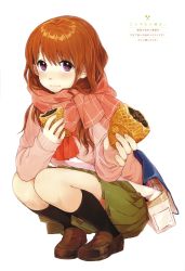 Rule 34 | 1girl, bag, black socks, blush, book, brown footwear, brown hair, chocolate, closed mouth, food, full body, giving, green skirt, highres, holding, holding food, kawai makoto, kneehighs, koufuku graffiti, loafers, long sleeves, looking at viewer, machiko ryou, partially translated, pink scarf, pleated skirt, purple eyes, scarf, school bag, school uniform, shoes, shoulder bag, simple background, skirt, sleeves past wrists, socks, solo, squatting, taiyaki, translation request, wagashi, white background