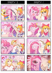 Rule 34 | &gt; &lt;, ..., 1boy, 3girls, 4koma, :d, = =, ?, ^ ^, air pump, angry, asphyxiation, bart simpson, blonde hair, bow, closed eyes, comic, commentary request, crossover, dark persona, flying sweatdrops, hair bow, hair ribbon, highres, horns, hoshiguma yuugi, ibuki suika, long hair, multiple 4koma, multiple crossover, multiple girls, my little pony, my little pony: friendship is magic, open mouth, pink hair, pinkie pie, pony (animal), pump, red eyes, ribbon, silent comic, smile, sparkle, strangling, sweatdrop, tears, the simpsons, touhou, xd, xin yu hua yin
