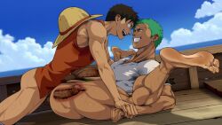Rule 34 | 2boys, alterinku, anal, barefoot, black eyes, blue sky, boat, cloud, earrings, erection, eye contact, green hair, grin, hat, highres, horizon, jewelry, knees out of frame, leg hair, looking at another, male focus, missionary, monkey d. luffy, multiple boys, ocean, one piece, open mouth, penis, pubic hair, red vest, roronoa zoro, sex, shirt, sky, smile, teeth, vest, watercraft, white shirt, x-ray, yaoi, yellow hat