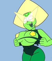 1girl alien blonde_hair breasts cartoon_network colored_nipples colored_skin drpizzaboi1 female_focus flashing green_nipples green_skin grey_eyes large_breasts nipples open_mouth pasties peridot_(steven_universe) smile solo steven_universe third-party_edit torn_clothes yellow_pasties