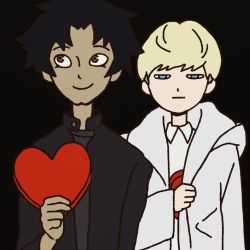 Rule 34 | 2boys, asuka ryou, black background, black hair, blonde hair, blue eyes, brown eyes, cleft chin, coat, devilman, devilman crybaby, fudou akira, heart, hiding, jitome, looking to the side, male focus, multiple boys, official art, simple background, valentine, white coat