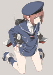 Rule 34 | 10s, 1girl, brown eyes, brown hair, clothes writing, hat, kantai collection, kneeling, looking at viewer, ningen (ningen96), panties, panty pull, sailor hat, short hair, solo, sweatdrop, underwear, z3 max schultz (kancolle)