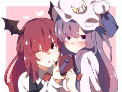 Rule 34 | 2girls, bad id, bad pixiv id, bat wings, blush, bow, box, commentary request, crescent, crescent hair ornament, hair bow, hair ornament, hat, head wings, heart, highres, holding, koakuma, kz oji, long hair, long sleeves, looking at viewer, mob cap, multiple girls, one eye closed, parted lips, patchouli knowledge, pink background, pink hat, purple eyes, purple hair, red bow, red eyes, red hair, red neckwear, shirt, sidelocks, touhou, two-tone background, upper body, valentine, white background, white shirt, wings