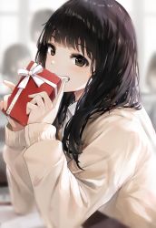 Rule 34 | 1girl, :d, black hair, blunt bangs, blurry, blurry background, blush, brown eyes, depth of field, from side, gift, grin, highres, holding, holding gift, kurokuro illust, long hair, long sleeves, looking at viewer, looking to the side, open mouth, original, parted lips, ribbon, smile, solo focus, sweater, teeth, upper body, white ribbon, white sweater
