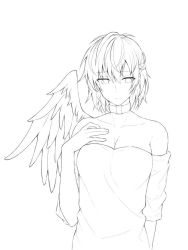 Rule 34 | 1girl, bare shoulders, braid, breasts, cleavage, collar, collarbone, commentary request, cosplay, feathered wings, french braid, greyscale, hair between eyes, hand on own chest, hand up, hecatia lapislazuli, hecatia lapislazuli (cosplay), kagaribino, kishin sagume, large breasts, long sleeves, looking at viewer, monochrome, off-shoulder shirt, off shoulder, shirt, short hair, simple background, single wing, solo, touhou, unfinished, upper body, white background, wings