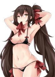 Rule 34 | 1girl, absurdres, alternate costume, armpits, arms up, bikini, black hair, blush, breasts, brown eyes, cowboy shot, girls&#039; frontline, groin, hair between eyes, hair ribbon, hakuya (white night), highres, long hair, looking at viewer, medium breasts, mouth hold, navel, red ribbon, ribbon, ribbon in mouth, side-tie bikini bottom, simple background, smile, solo, stomach, swimsuit, transparent background, twintails, tying hair, type 97 (girls&#039; frontline), very long hair, white background