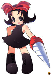 Rule 34 | 1girl, :d, bare shoulders, black dress, black eyes, black footwear, blush stickers, boots, chibi, chibi only, dress, drill, hair ornament, hand on own hip, lowres, open mouth, shoelaces, short hair, simple background, sleeveless, sleeveless dress, smile, solo, standing, white background