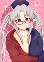 Rule 34 | 1girl, bespectacled, breasts, cleavage, female focus, glasses, grey hair, hat, highres, large breasts, solo, tipo (tipoplaza), touhou, twintails, yagokoro eirin