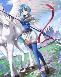 Rule 34 | 1girl, armor, blue eyes, blue gloves, blue hair, blue thighhighs, boots, breastplate, commission, dress, dutch angle, feathered wings, fingerless gloves, fire emblem, fire emblem: the binding blade, fire emblem heroes, gloves, highres, holding, holding polearm, holding weapon, horse, kakiko210, looking at viewer, miniskirt, nintendo, pauldrons, pegasus, pegasus knight uniform (fire emblem), pegasus wings, polearm, short dress, short hair, shoulder armor, skeb commission, skirt, solo, spear, thea (fire emblem), thigh boots, thighhighs, weapon, white horse, white skirt, wings