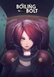 Rule 34 | 1girl, boiling bolt, close-up, cockpit, commentary, copyright name, ctiahao, english commentary, green eyes, highres, june (boiling bolt), logo, looking ahead, official art, red hair, short hair, solo