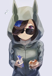 Rule 34 | 1girl, blue flower, blue rose, brown hair, closed mouth, commentary request, eating, flower, food, glasses, grey background, hair over one eye, hat, highres, holding, holding food, hood, hood up, hoodie, juice box, long sleeves, looking at viewer, looking over eyewear, looking over glasses, mori yashiro (konkon oyashiro), purple eyes, purple hat, rice shower (umamusume), rose, simple background, solo, standing, sunglasses, sweater, tagme, tinted eyewear, umamusume, upper body, white sweater