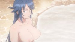 Rule 34 | 1girl, animated, animated gif, armpits, blue hair, bouncing breasts, breasts, female focus, hitsugi sayo, large breasts, long hair, nipples, nude, sitting, smile, solo, triage x