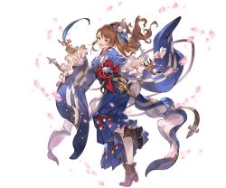 Rule 34 | 1girl, ankle boots, beatrix (granblue fantasy), boots, brown eyes, brown footwear, brown hair, cherry blossoms, detached sleeves, ema, full body, granblue fantasy, hair ornament, hair stick, holding, japanese clothes, kimono, leg up, long hair, long sleeves, looking at viewer, minaba hideo, obi, official art, open mouth, paintbrush, parted bangs, petals, sash, smile, solo, transparent background, wide sleeves