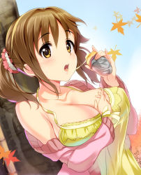 Rule 34 | 10s, 1girl, against tree, arm between breasts, autumn, autumn leaves, bamboo broom, between breasts, blue sky, blush, breasts, broom, brown eyes, brown hair, butter, cardigan, cleavage, cloud, day, eating, food, food request, halterneck, holding, holding food, idolmaster, idolmaster cinderella girls, large breasts, leaf, long hair, looking at viewer, maple leaf, matching hair/eyes, natsuya (natuya777), off shoulder, open cardigan, open clothes, open mouth, pink sweater, roasted sweet potato, saliva, saliva trail, scrunchie, shirt, sky, solo, sweater, sweet potato, totoki airi, trail, tree, twintails, roasted sweet potato, yellow shirt