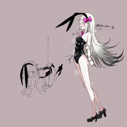 Rule 34 | 1girl, anderson m0311, animal ear hairband, animal ears, arm behind back, bare legs, black footwear, black hair, black leotard, blush, bound, bound arms, detached collar, fake animal ears, fake tail, full body, gakuen idolmaster, gradient hair, grey hair, hairband, hanging, highres, holding own arm, idolmaster, leotard, looking ahead, looking at viewer, masochism, multicolored hair, multiple views, oversized breast cup, playboy bunny, rabbit ear hairband, rabbit ears, rabbit tail, rope, shinosawa hiro, simple background, solo, strapless, sweat, tail, thought bubble, wrist cuffs