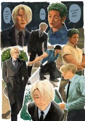 Rule 34 | 2boys, bandana, black bandana, black eyes, black footwear, black headwear, black necktie, black pants, black suit, blonde hair, blue eyes, blue shirt, colored skin, crossed arms, dark skin, earrings, english text, formal, furrowed brow, green hair, hair over one eye, hand in pocket, haramaki, highres, holding, holding sword, holding weapon, jewelry, katana, long sleeves, male focus, multiple boys, multiple views, necktie, nok (nok 1), one piece, one piece (live action), pants, patterned clothing, roronoa zoro, sanji (one piece), sheath, shirt, short hair, short sleeves, single earring, smile, speech bubble, squatting, standing, suit, sword, walking, weapon, white shirt, white skin